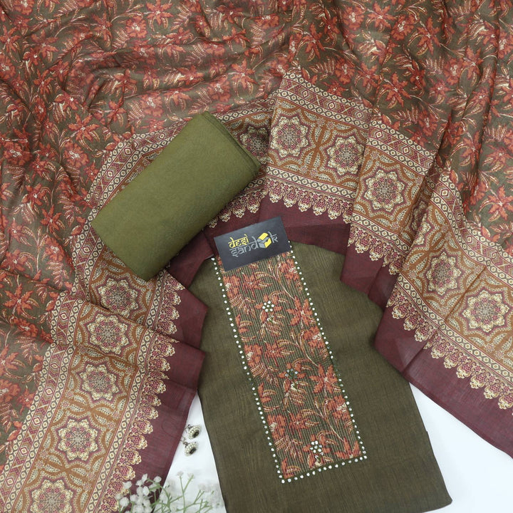 Seaweed Green Embroidered Chanderi Top with Digital Printed Chanderi Dupatta Set