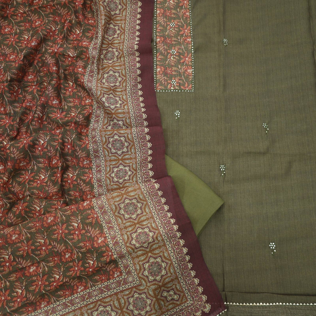 Seaweed Green Embroidered Chanderi Top with Digital Printed Chanderi Dupatta Set