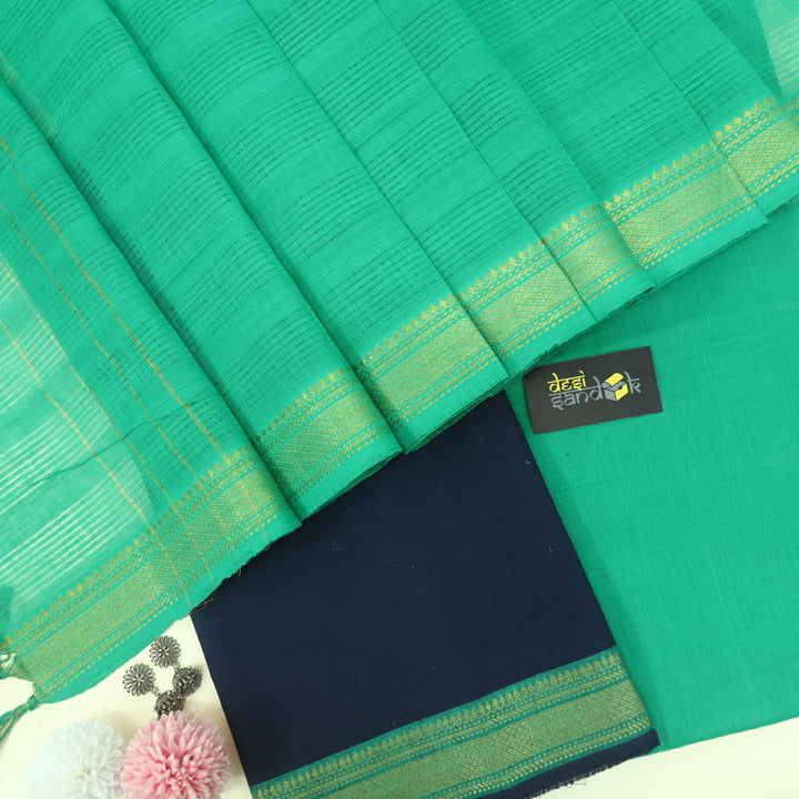 Denim Blue South Cotton Top with Mangalgiri Hem with Green Dupatta