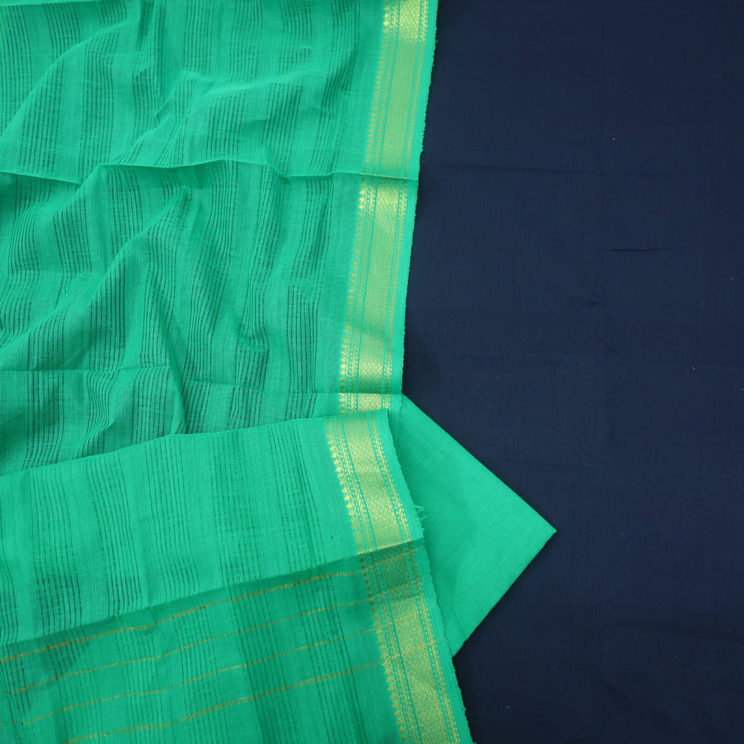 Denim Blue South Cotton Top with Mangalgiri Hem with Green Dupatta