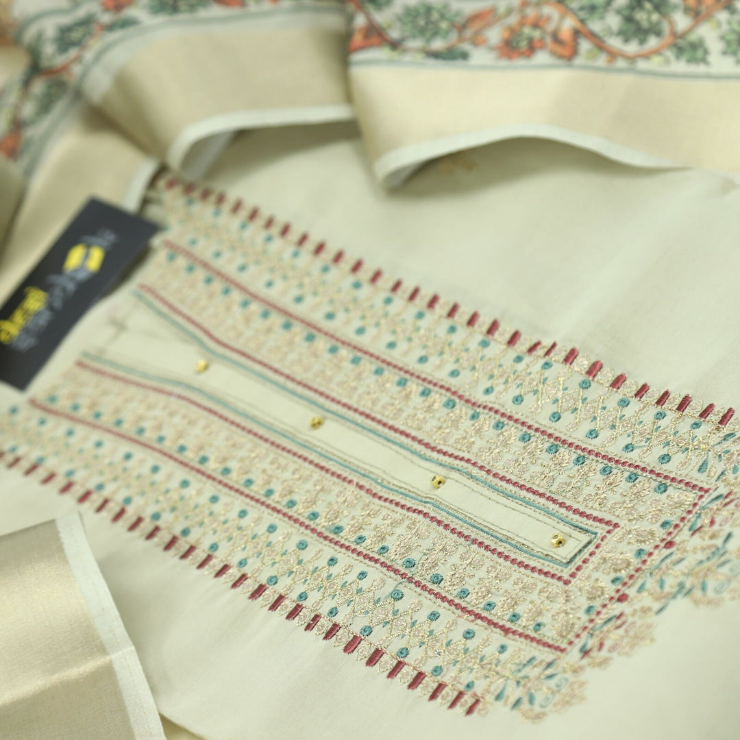 Hazel Wood Beige Embellished Neck Work Cotton Silk Top with Chanderi Dupatta Set
