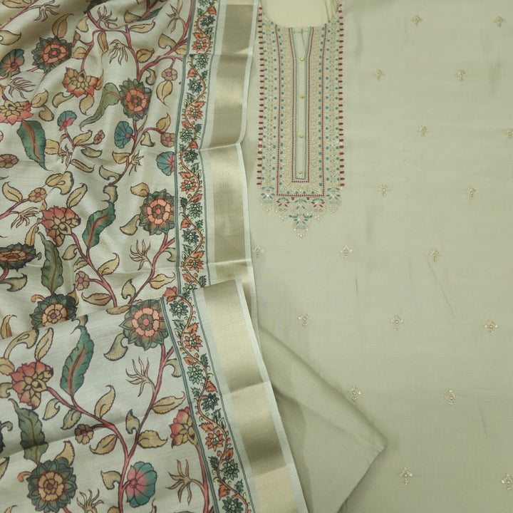 Hazel Wood Beige Embellished Neck Work Cotton Silk Top with Chanderi Dupatta Set