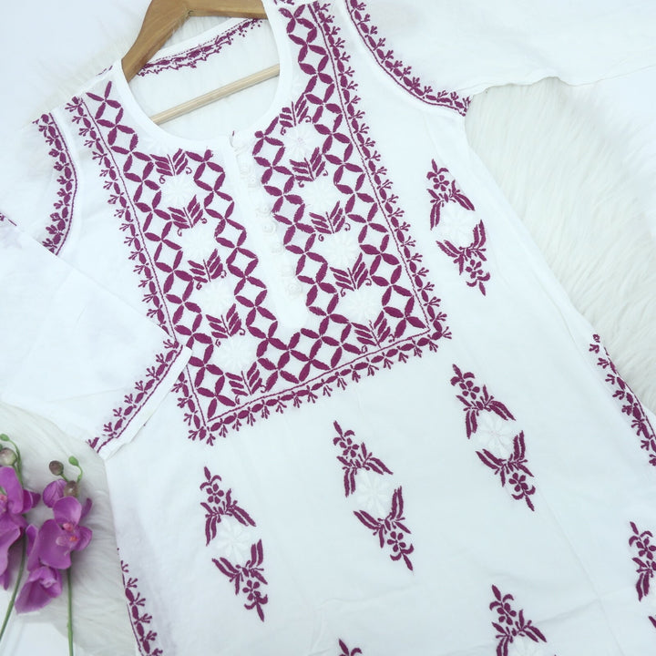 Purple and White Modal Chikankari Kurti