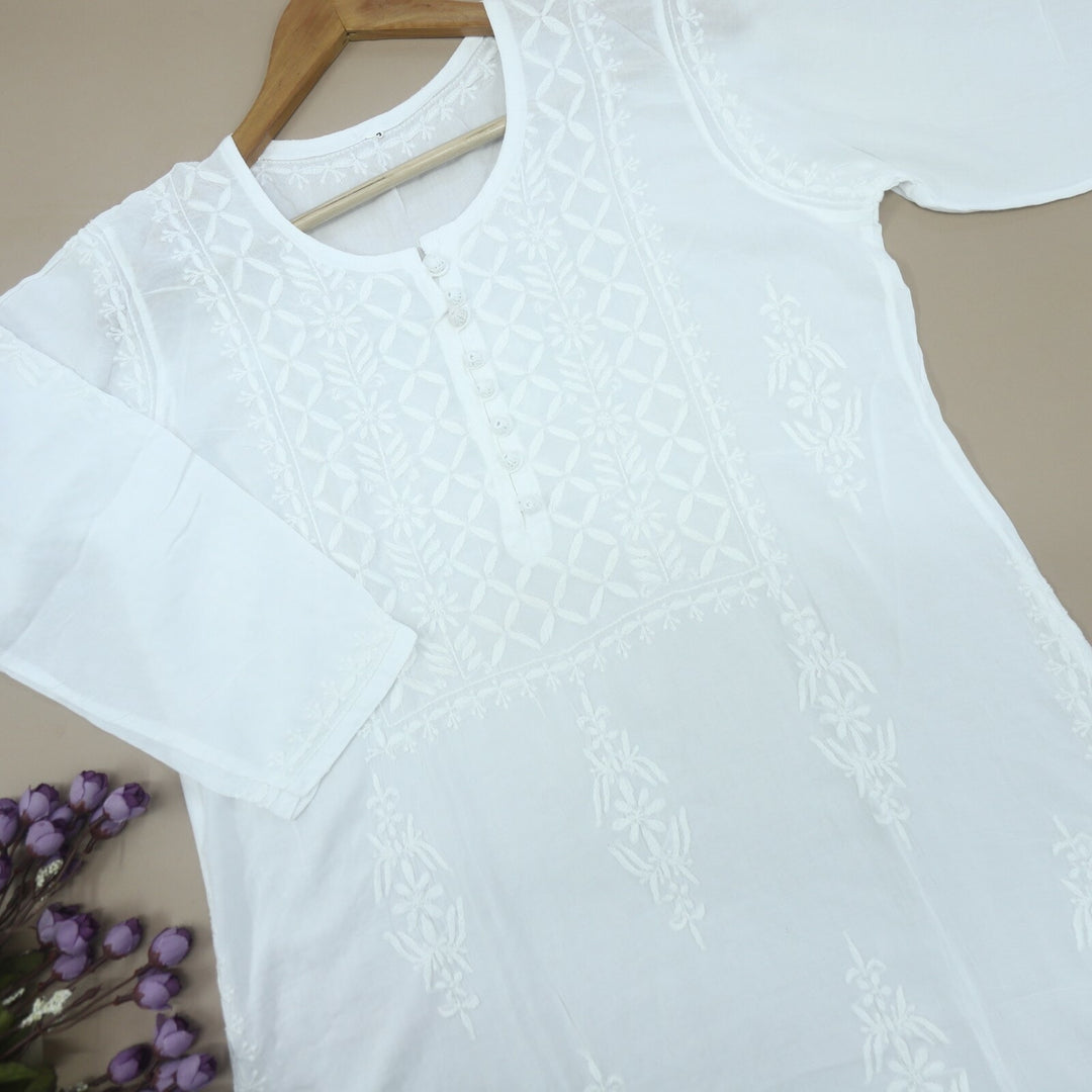 White Rayon Chikankari Kurti with Slip-D3