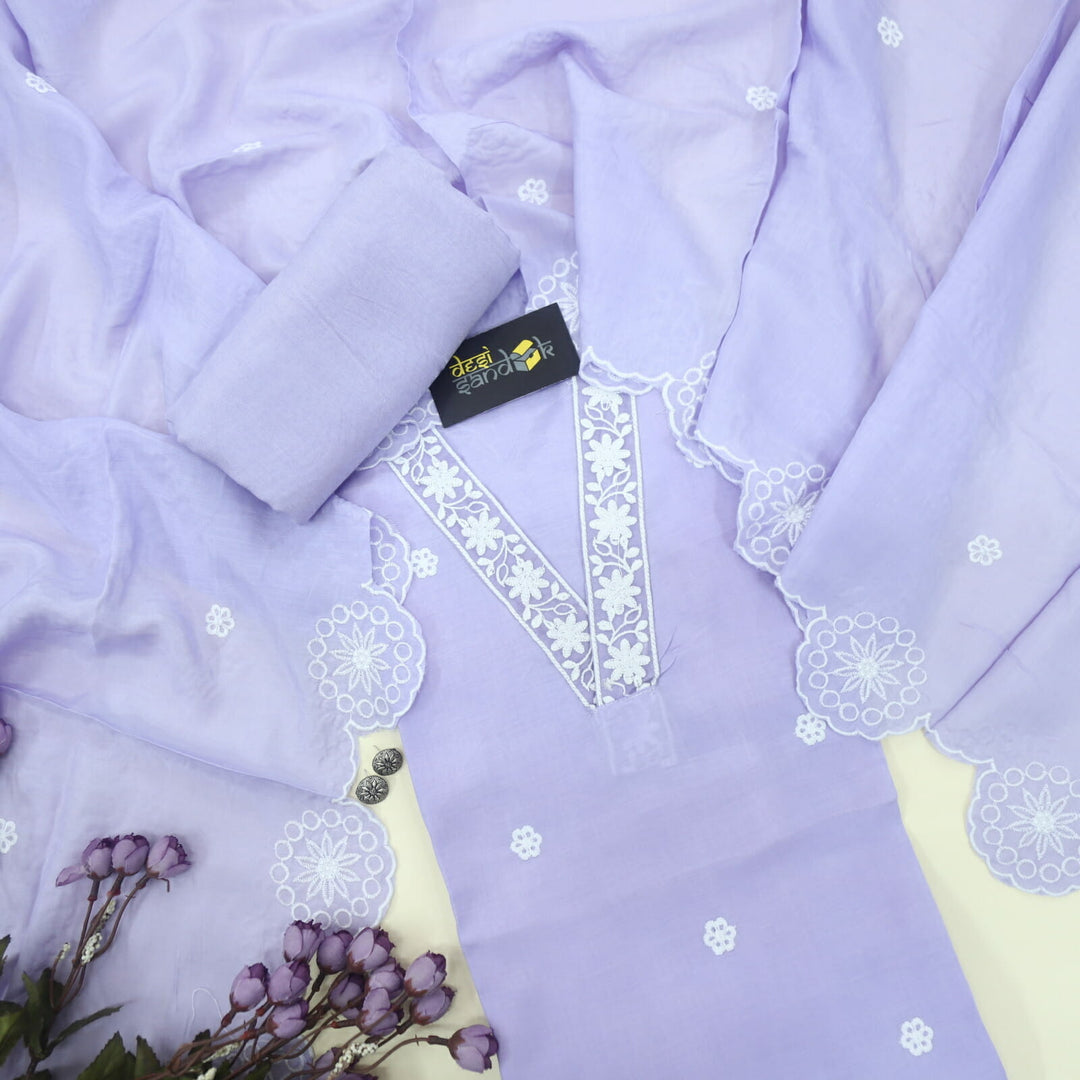 Lilac V Neck Muslin Top With Muslin Dupatta Set