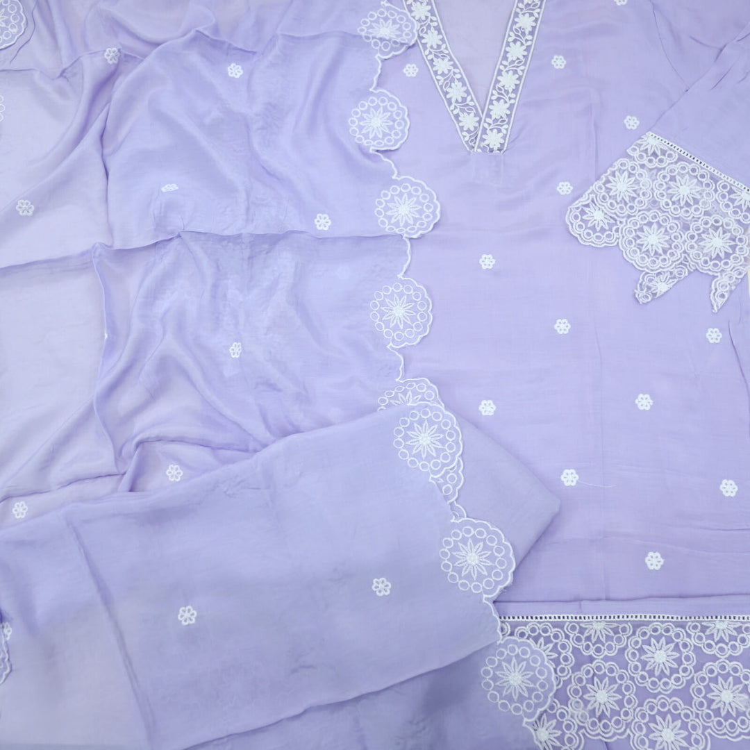 Lilac V Neck Muslin Top With Muslin Dupatta Set