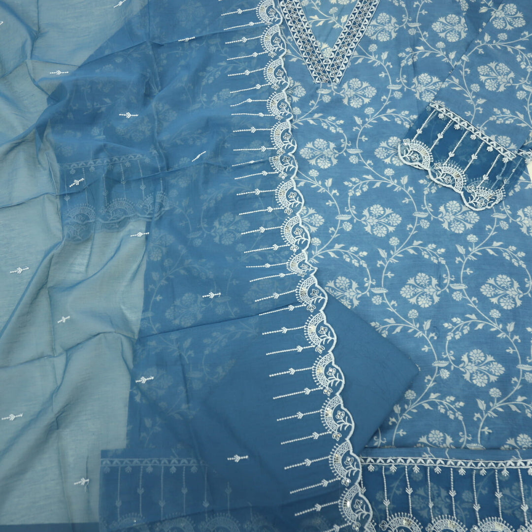 Sapphire Blue Thread Work V Neck Muslin Top With Muslin Dupatta Set