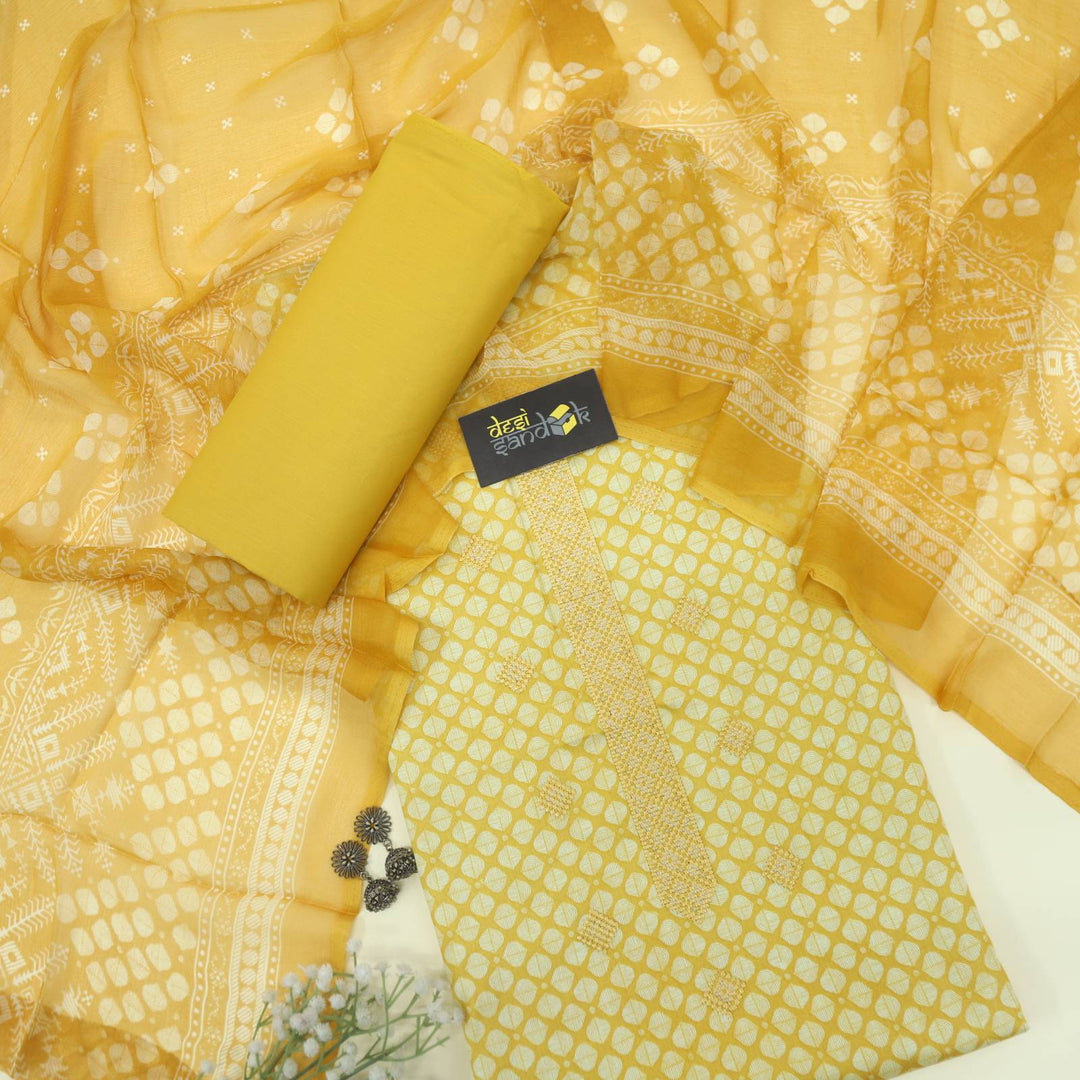 Light Yellow Printed Jam Cotton Top with Printed Chiffon Dupatta Set