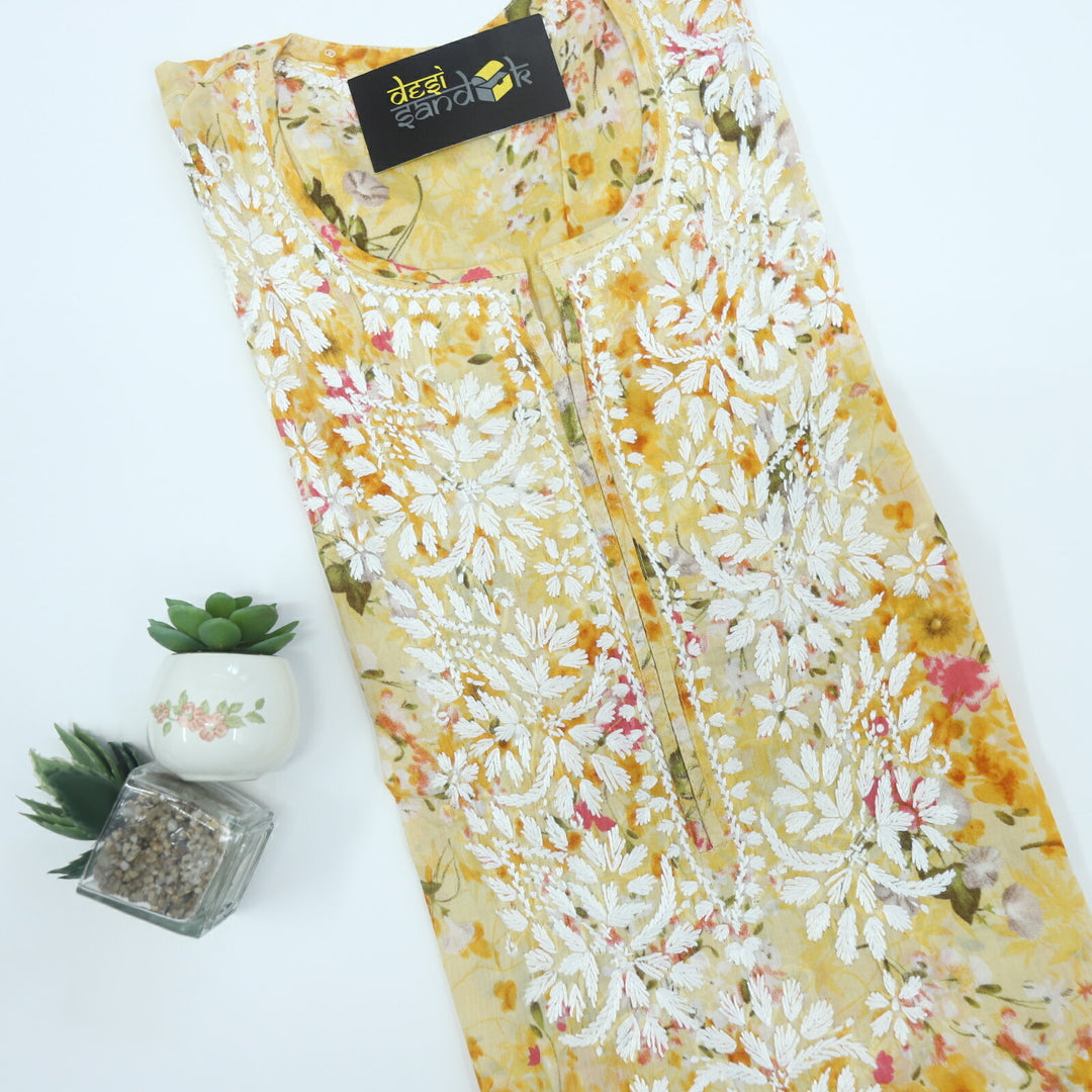 Light Yellow Floral Printed Cotton Chikankari Kurti