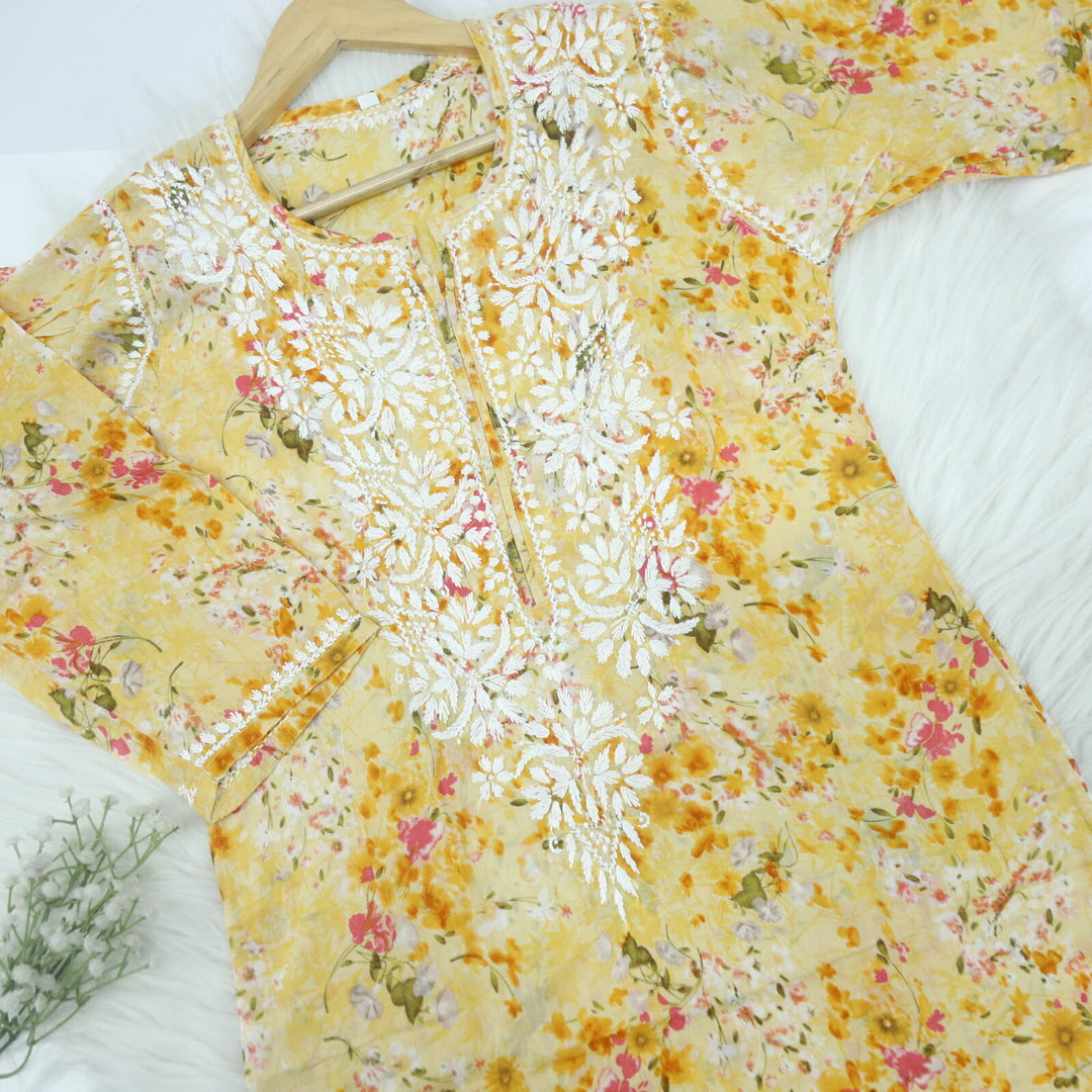 Light Yellow Floral Printed Cotton Chikankari Kurti