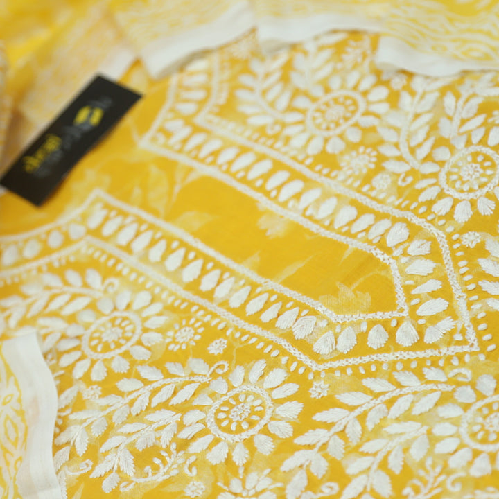 Honey Yellow Hand Embroidered Chikankari Cotton Top with Printed Cotton Dupatta Set