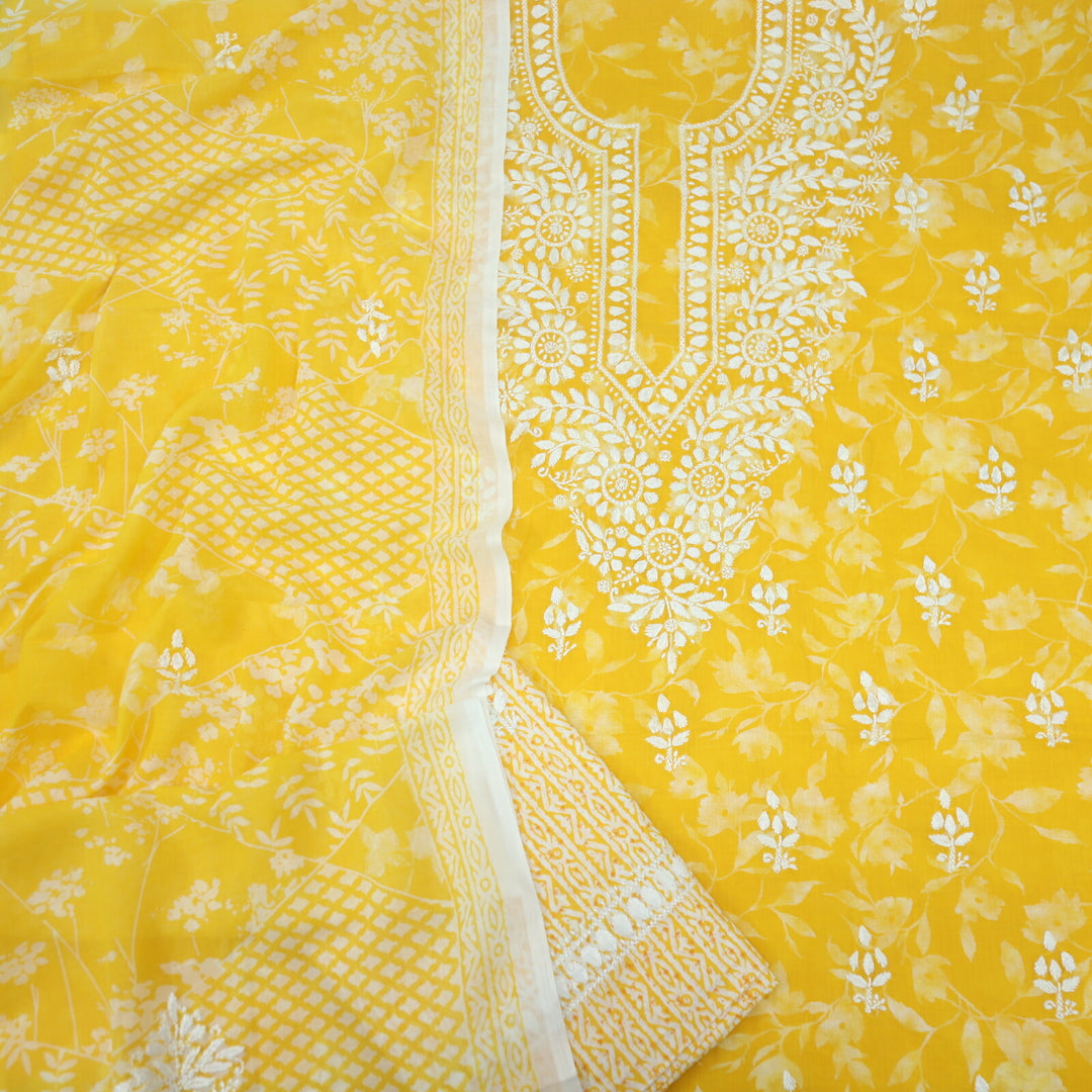 Honey Yellow Hand Embroidered Chikankari Cotton Top with Printed Cotton Dupatta Set