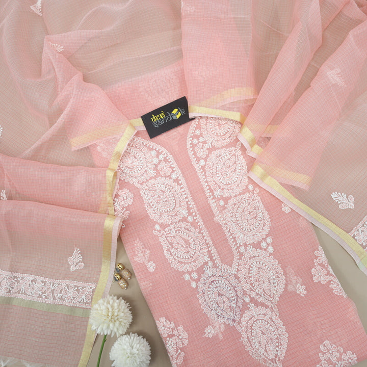 Pastel Peach Kota Hand Embroidered Chikankari Top and Dupatta 2 Piece Set