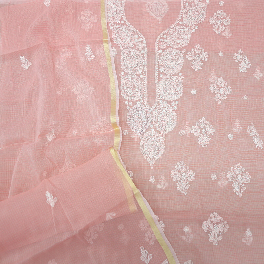 Pastel Peach Kota Hand Embroidered Chikankari Top and Dupatta 2 Piece Set