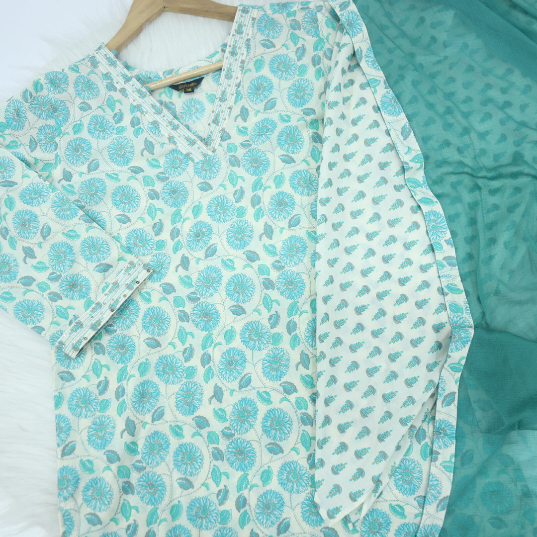 Turquoise Green Floral Printed Cotton Top with Chiffon Dupatta Set