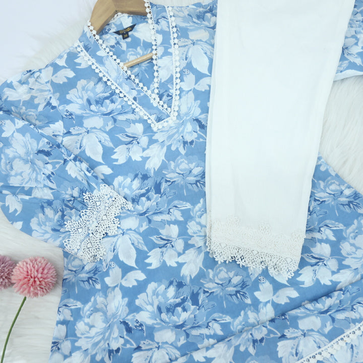 Light Blue Floral Printed Cotton Top with Flex Cotton Co-ord Set