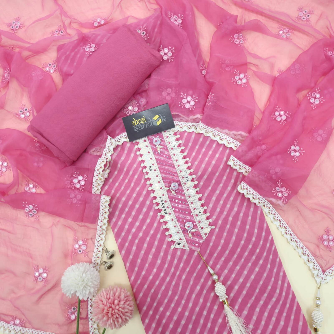 Taffy Pink Patra Work Neckline Muslin Top With Chiffon Dupatta Set