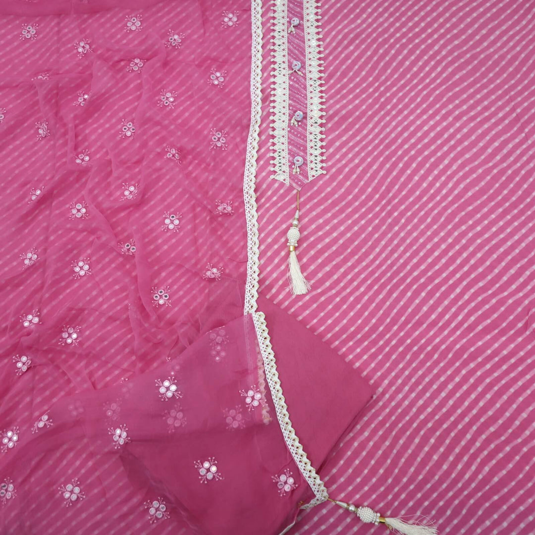 Taffy Pink Patra Work Neckline Muslin Top With Chiffon Dupatta Set