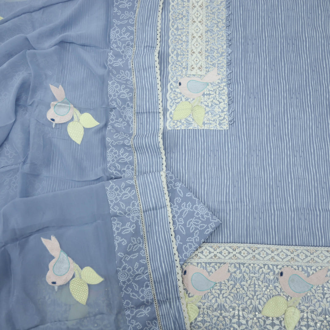 Pigeon Blue Lace Work Cotton Top with Semi Cotton and Organza Dupatta Set