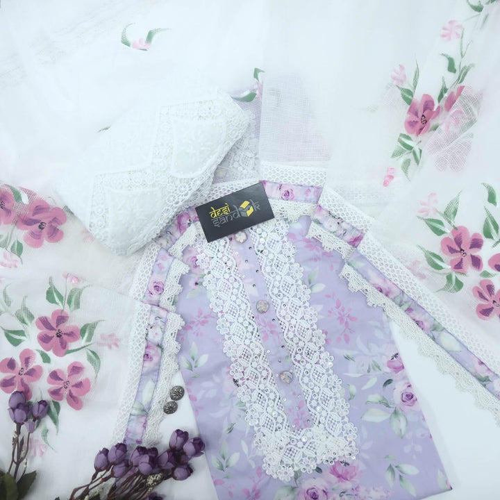 Lilac Floral Printed Cotton Top With Hand Printed Kota Dupatta Set