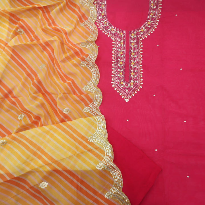 Rani Pink Chanderi Top and Leheriya Chanderi Silk Dupatta Set