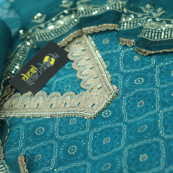 Sapphire Blue V neck Printed Muslin Top With Zari Work Chiffon Dupatta Set