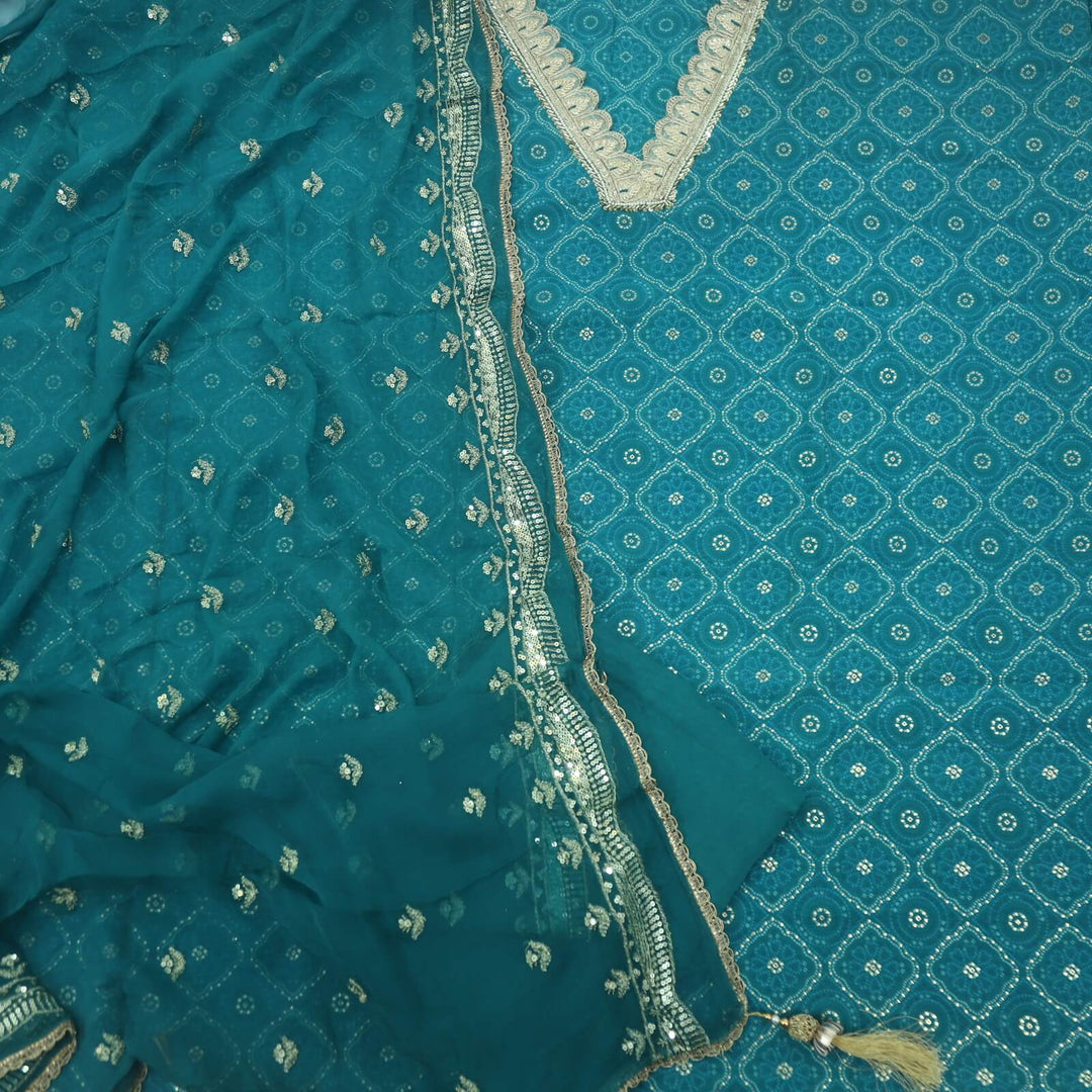 Sapphire Blue V neck Printed Muslin Top With Zari Work Chiffon Dupatta Set