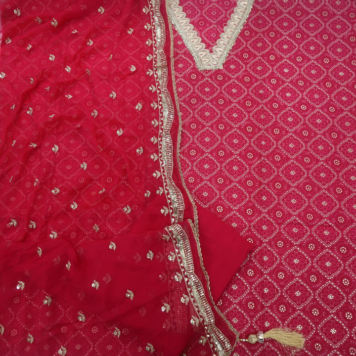 Ruby Pink V neck Printed Muslin Top With Zari Work Chiffon Dupatta Set