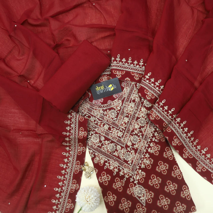 Maroon Red Embellished Neck Work Muslin Top With Zari Work Chanderi Silk Dupatta Set