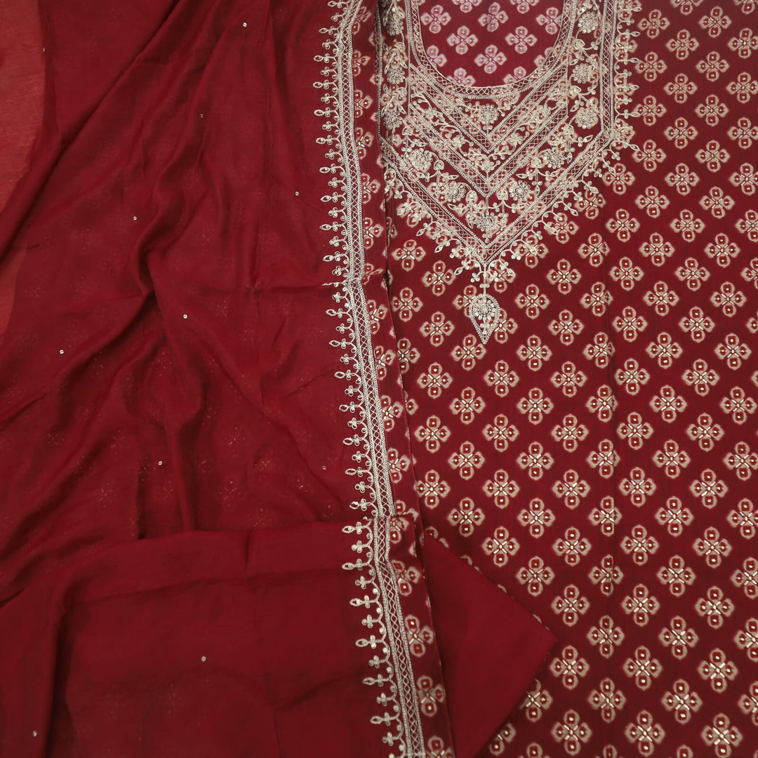 Maroon Red Embellished Neck Work Muslin Top With Zari Work Chanderi Silk Dupatta Set