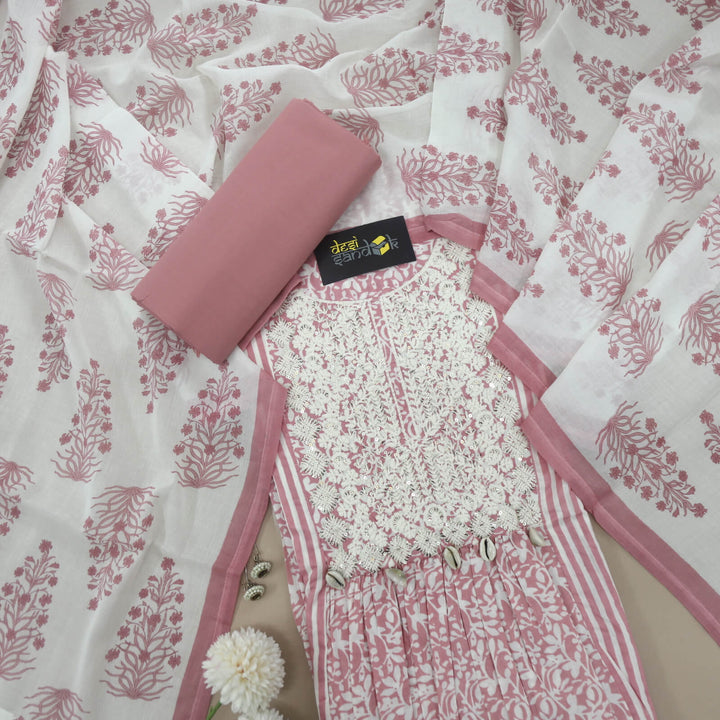 Marvellous Pink Thread Work Cotton Top with Printed Cotton Dupatta Set
