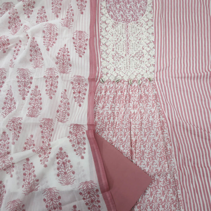 Marvellous Pink Thread Work Cotton Top with Printed Cotton Dupatta Set