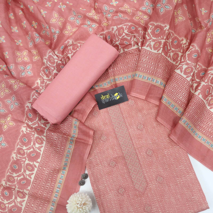 Peach Pink Printed Jam Cotton Top With Cotton Dupatta Set