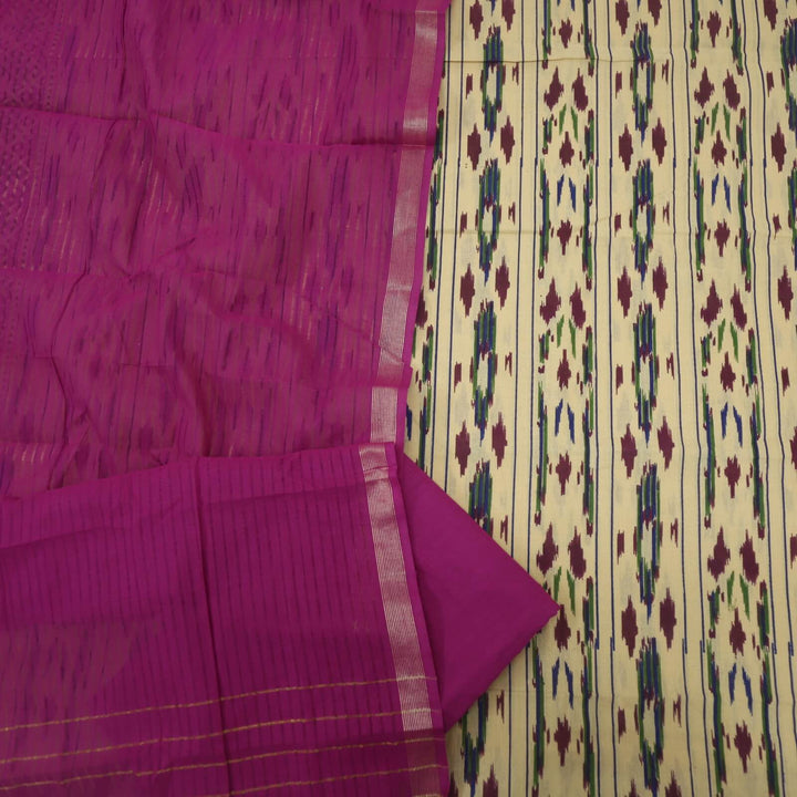 Beige Ikkat Printed Khadi Cotton Top with Munsell Purple Dupatta Set