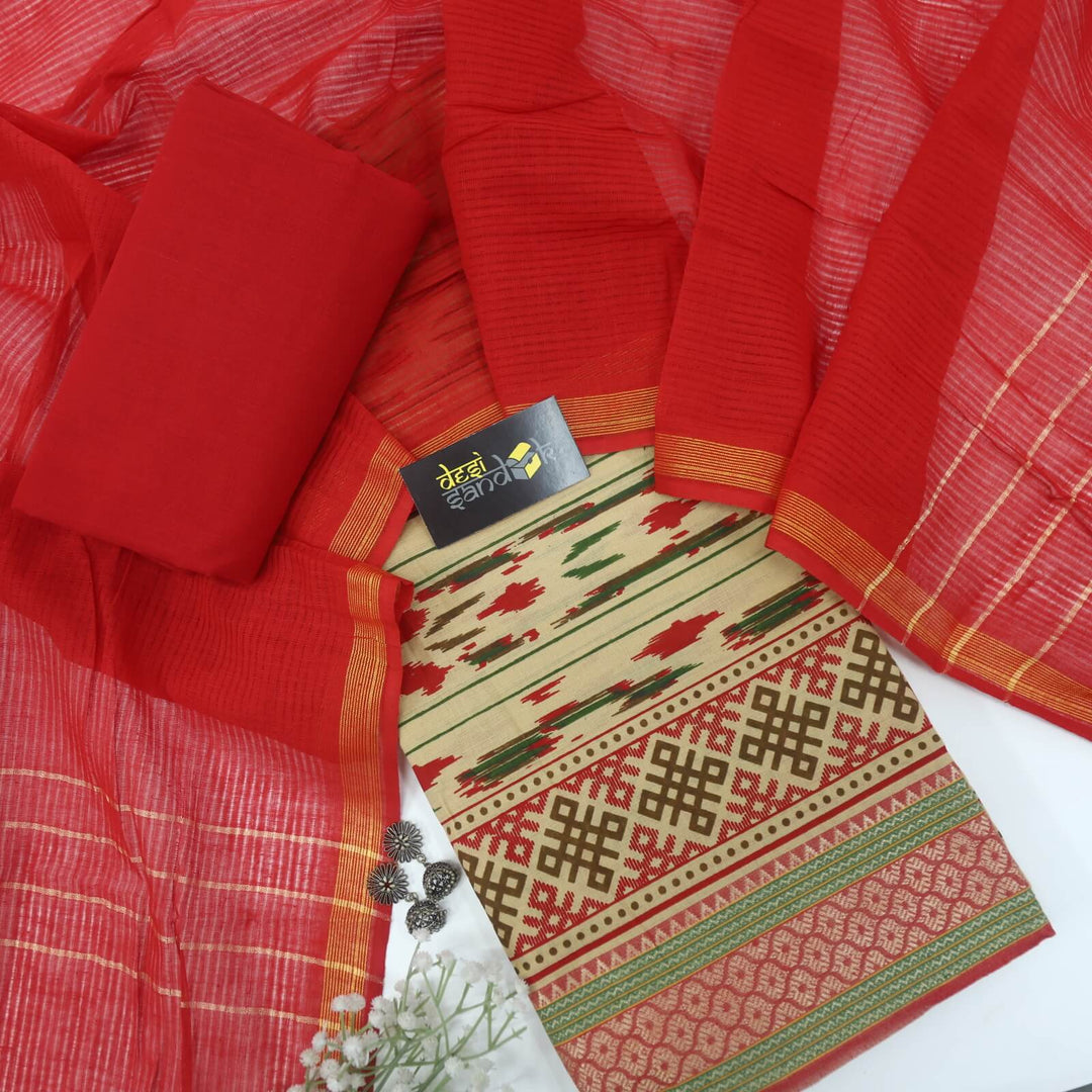 Beige Ikkat Printed Khadi Cotton Top with Cherry Red Cotton Dupatta Set