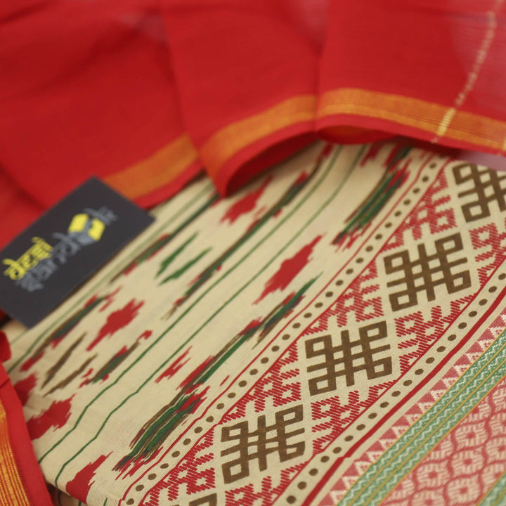 Beige Ikkat Printed Khadi Cotton Top with Cherry Red Cotton Dupatta Set