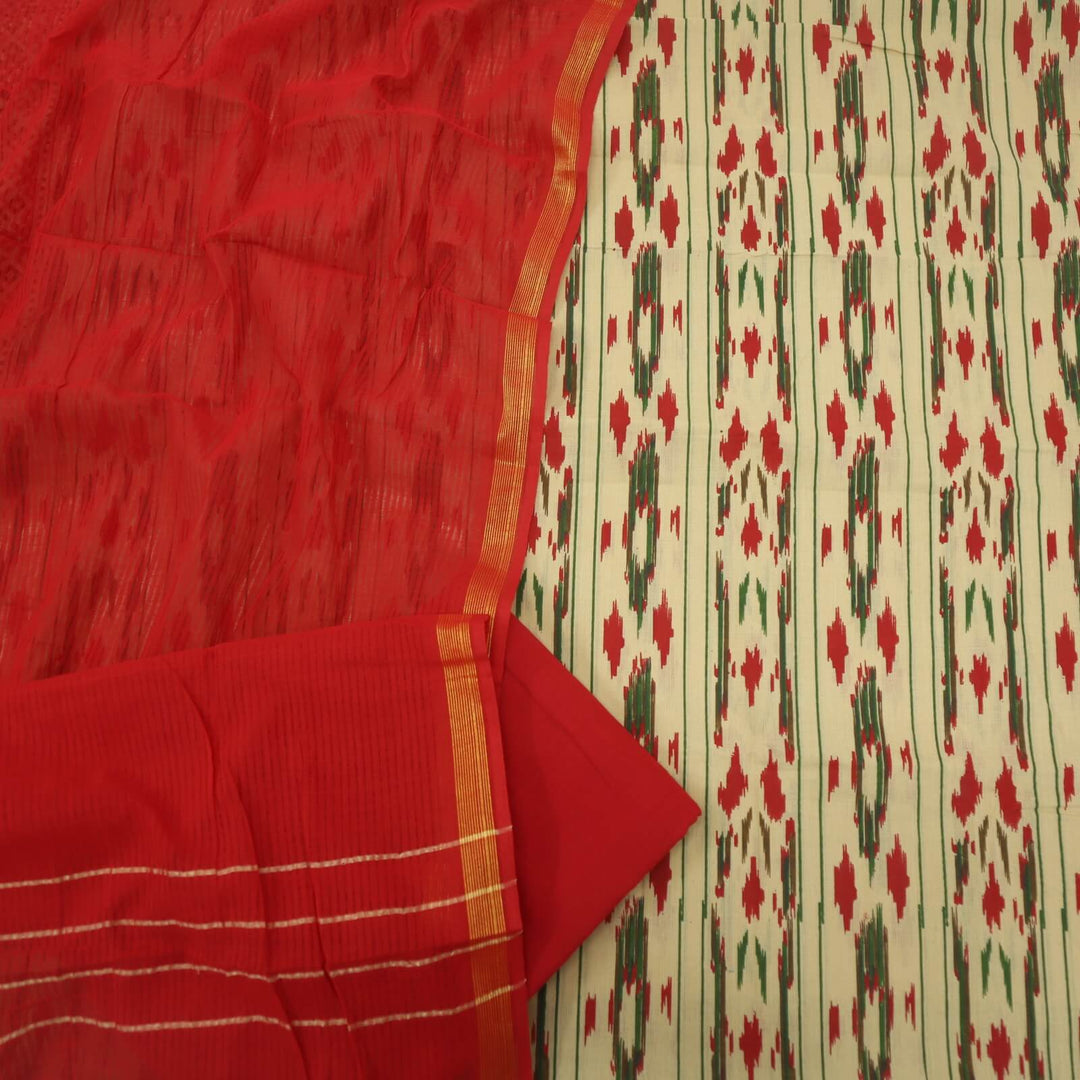 Beige Ikkat Printed Khadi Cotton Top with Cherry Red Cotton Dupatta Set