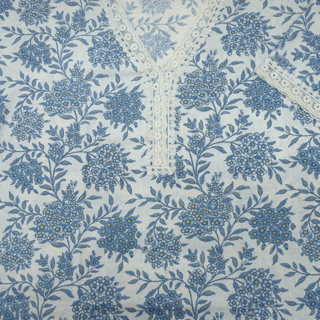 Sand Beige and Blue Printed Khadi Lace Work Cotton Top