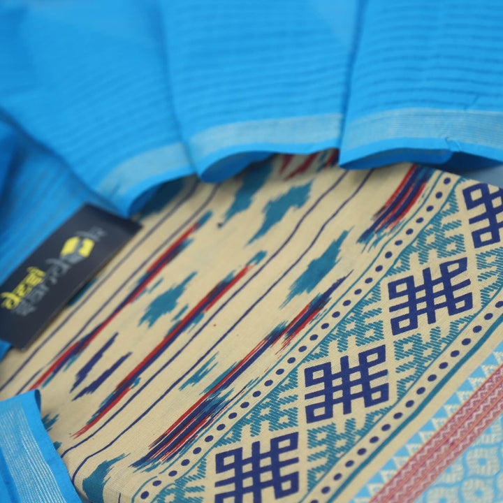 Beige Ikkat Printed Khadi Cotton Top with Azure Blue Cotton  Dupatta Set