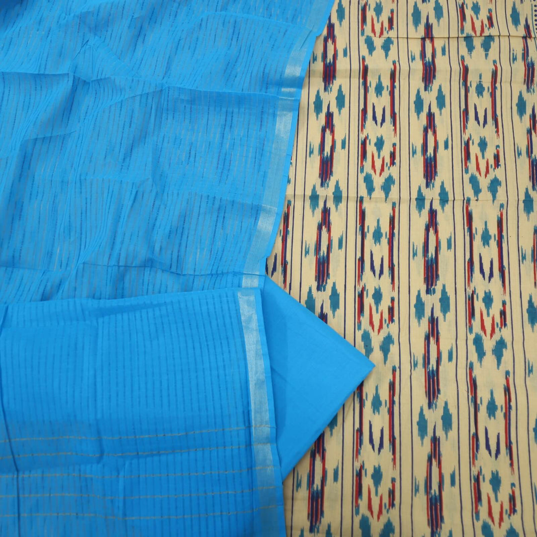 Beige Ikkat Printed Khadi Cotton Top with Azure Blue Cotton  Dupatta Set