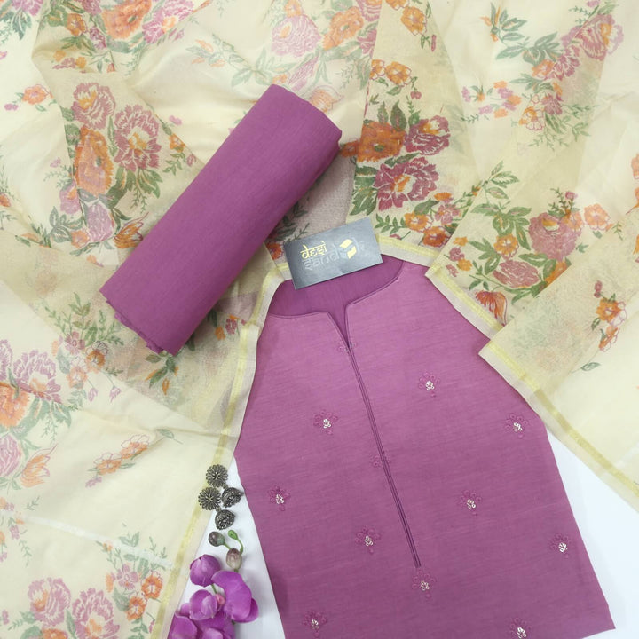 Mulberry Mauve Thread Work Cotton Top with Chanderi Silk Dupatta Set