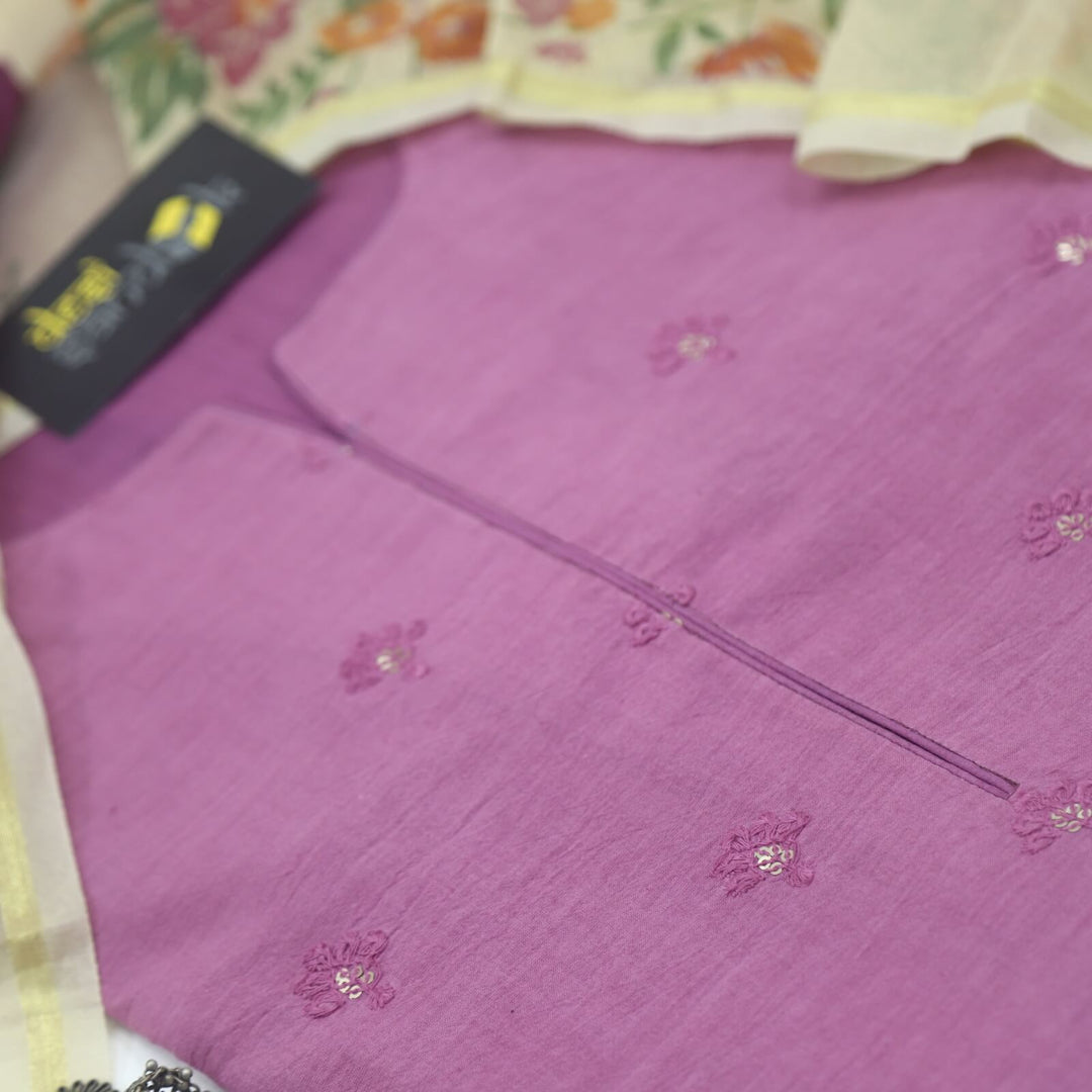 Mulberry Mauve Thread Work Cotton Top with Chanderi Silk Dupatta Set