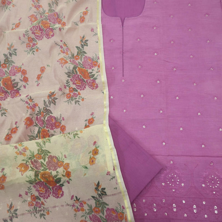 Mulberry Mauve Thread Work Cotton Top with Chanderi Silk Dupatta Set