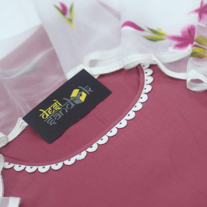 Pink Mauve Glace Cotton Top and Hand Printed Dupatta D-3