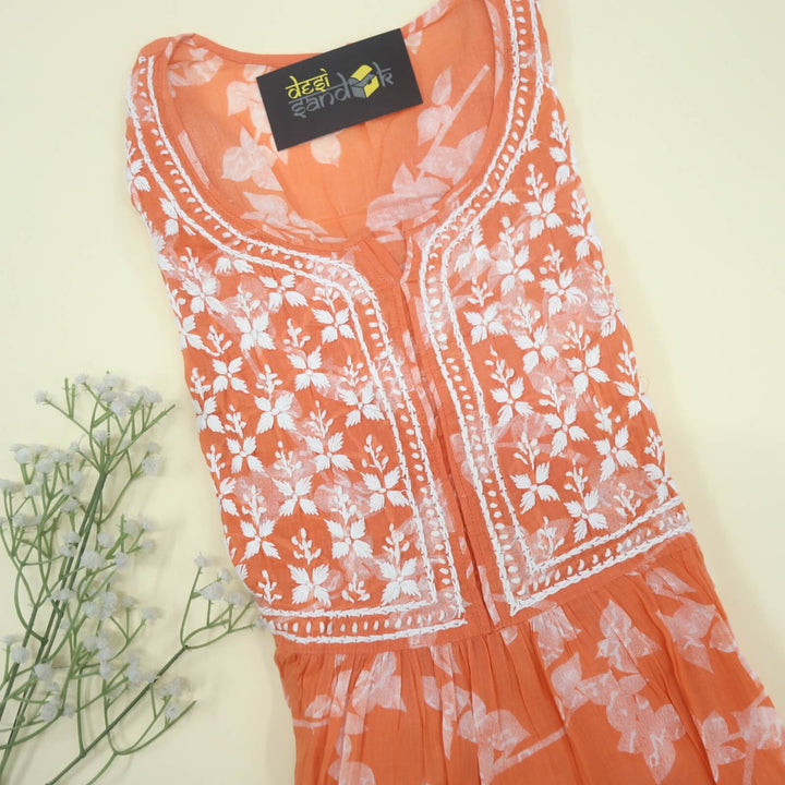 Tangerine Orange Chikankari Work Short Kurti