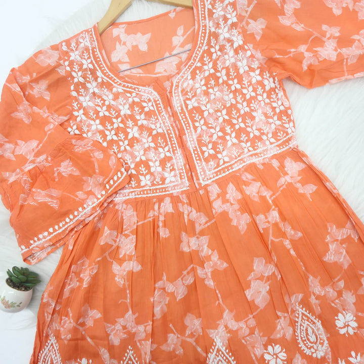 Tangerine Orange Chikankari Work Short Kurti