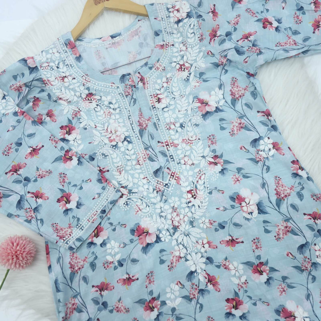 Ivory Blue Cotton Linen Floral Chikankari Work Kurti
