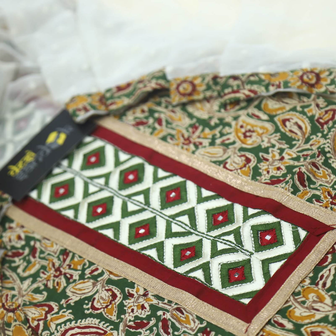 Green Kalamkari Printed Cotton Top with Dobby Work Chiffon Dupatta Set