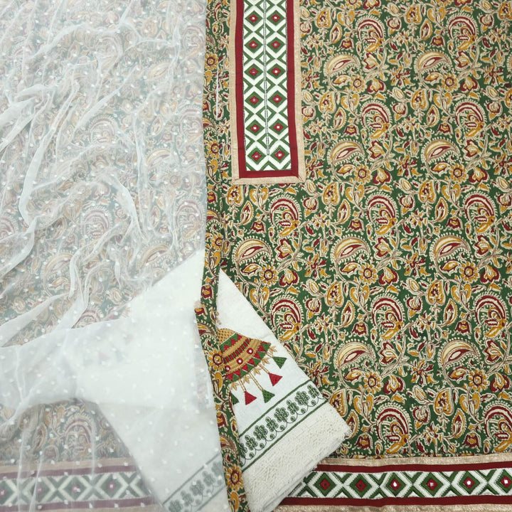 Green Kalamkari Printed Cotton Top with Dobby Work Chiffon Dupatta Set