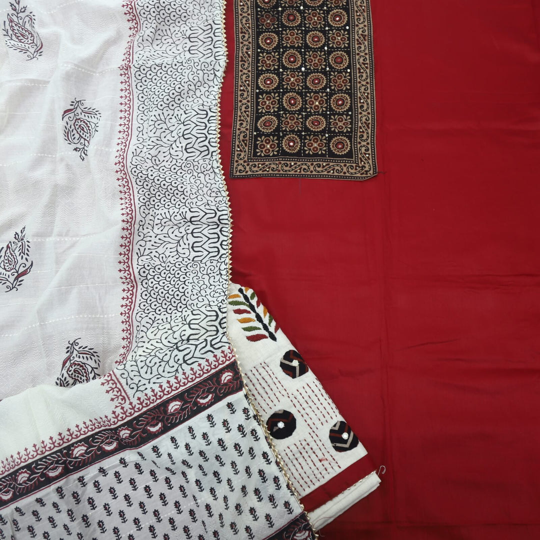 Maroon Ajrak Patch Jam Satin top with Offwhite Printed Dupatta Set-D2